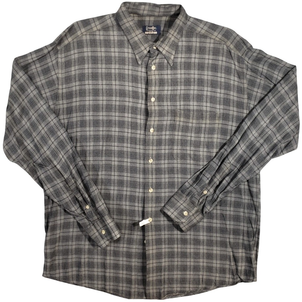Gitman Bros Vintage Rayon‎ Shirt Mens Large Gray Plaid Long Sleeve Made in USA
